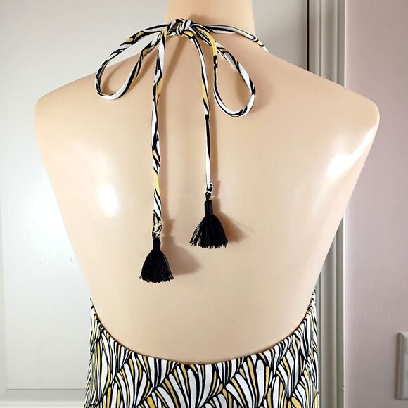 Tommy Bahama Art Deco Halter Swing Dress Keyhole XS Black Yellow Beachy Stretchy - Picture 5 of 8